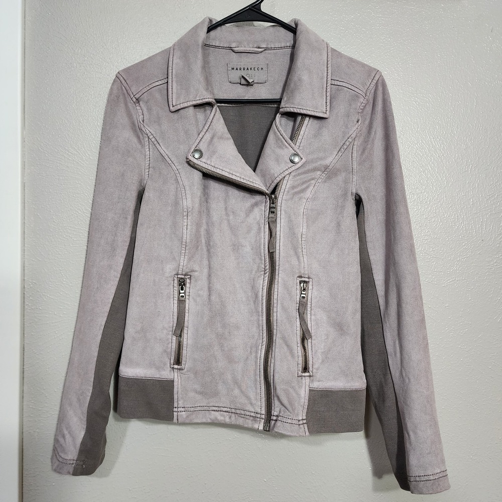 Marrakech Anthropologie Jacket Women's Size Small Moto Faux Suede Gray Bomber